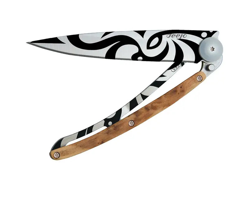 Deejo 37G Tribal-Design Folding Knife With Juniper Handle 1